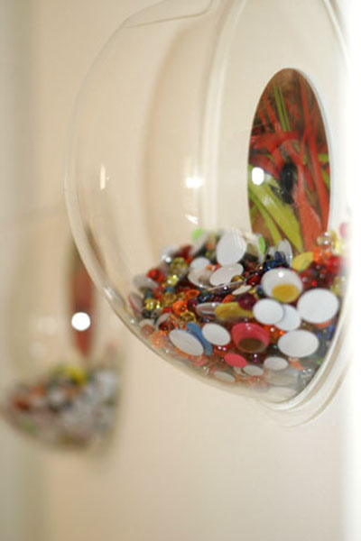 Photo Installation / 17 Acrylic fish bowls, c-prints, plastic beats, wiggle eyes. 
Variable dimensions/  Ea 11" diameter x 4.5" deep / 2008-2009 /